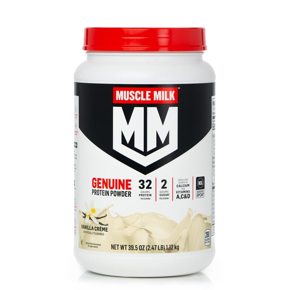 Muscle Milk Genuine Protein Powder, Vanilla Crème, 2.47 Pound, 16 Servings, 32g Protein, 2g Sugar, Calcium, Vitamins A, C & D, NSF Certified for Sport, Energizing Snack, Packaging May Vary