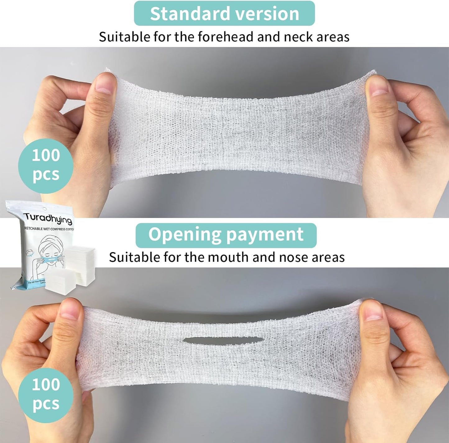 Stretchable Cotton Pads 200 Count - 100 with Nose & Mouth Opening + 100 Solid - for Face, Toner, Makeup & DIY Mask (3.9x4.7in, Pack of 1)