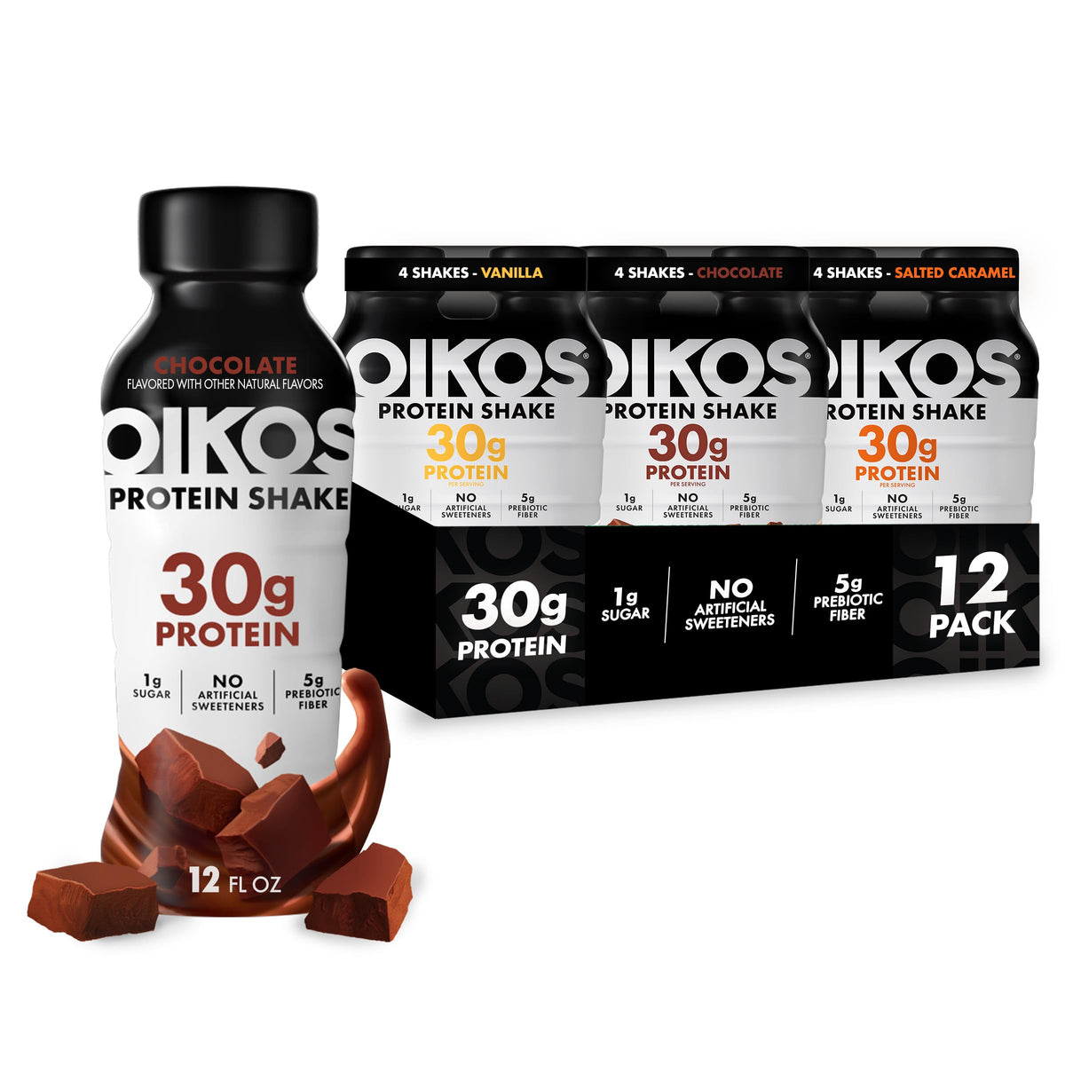 Oikos Protein Shake, Salted Caramel, 30g High Protein Drinks, Shelf Stable, Ready to Drink, 5g Prebiotic Fiber, 12 fl oz Bottle, 12 Count