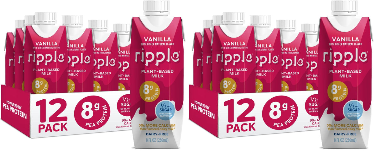 Ripple Non-Dairy Milk, Chocolate| Vegan Milk With 8g Pea Protein | Shelf Stable Single Serve Cartons | On-The-Go | Non-GMO, Plant Based, Gluten Free | 8 oz, 12 Pack