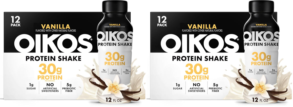 Oikos Protein Shake, Salted Caramel, 30g High Protein Drinks, Shelf Stable, Ready to Drink, 5g Prebiotic Fiber, 12 fl oz Bottle, 12 Count