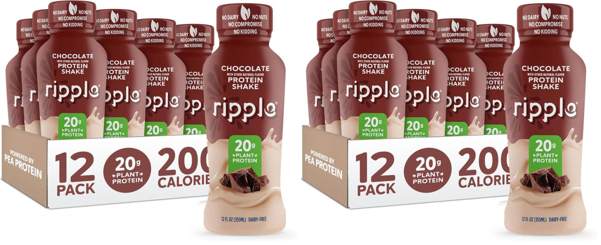 Ripple Coffee Plant Based Protein Shake | 20g of Quality Sourced Pea Protein, 100mg Caffeine, Calcium | Shelf Stable | Vegan & Non GMO | Dairy, Soy, Nut, & Gluten Free | 12 Fl Oz Bottles (Pack of 12)