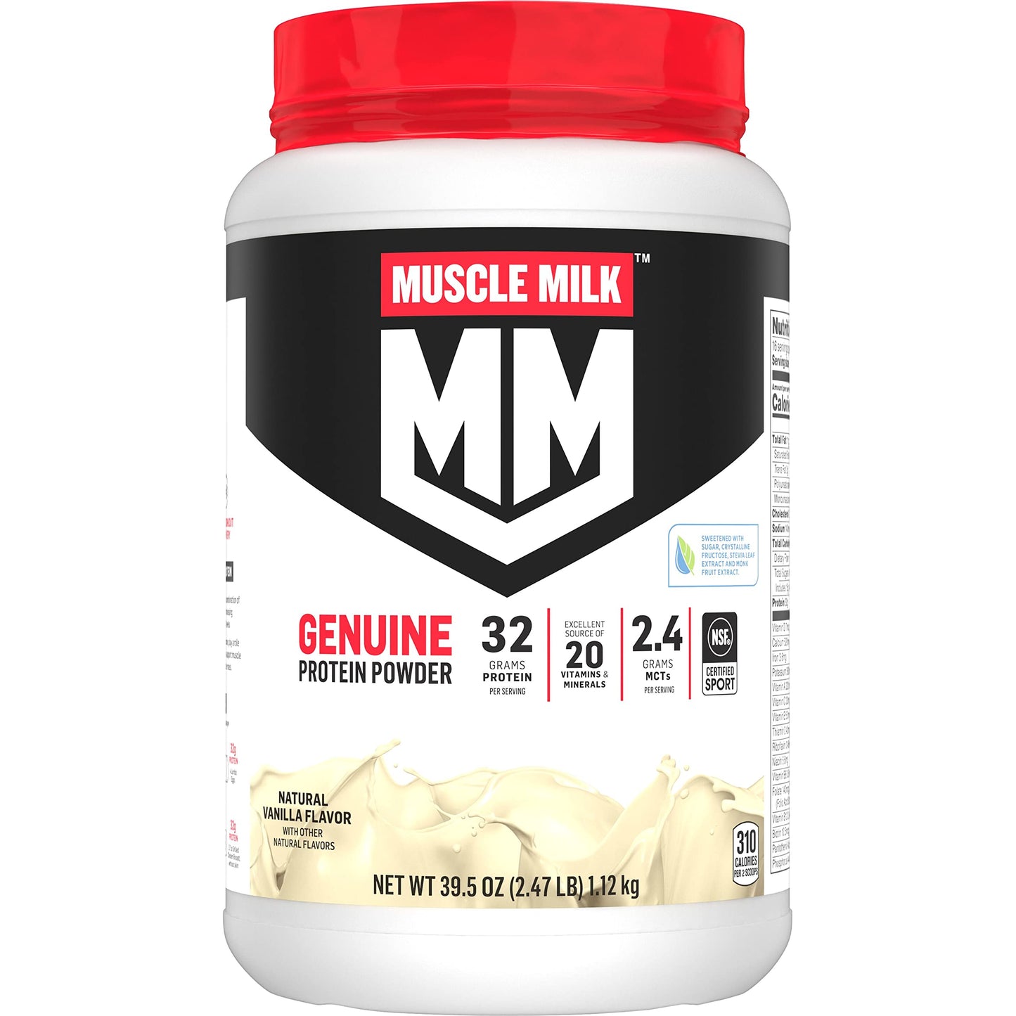 Muscle Milk Genuine Protein Powder, Vanilla Crème, 2.47 Pound, 16 Servings, 32g Protein, 2g Sugar, Calcium, Vitamins A, C & D, NSF Certified for Sport, Energizing Snack, Packaging May Vary